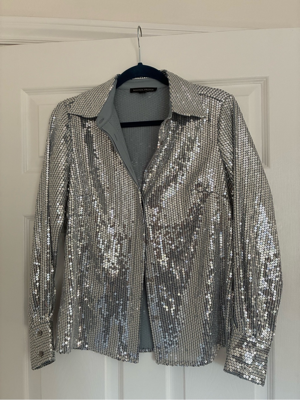 Boston Proper Silver Sequin Collared Top